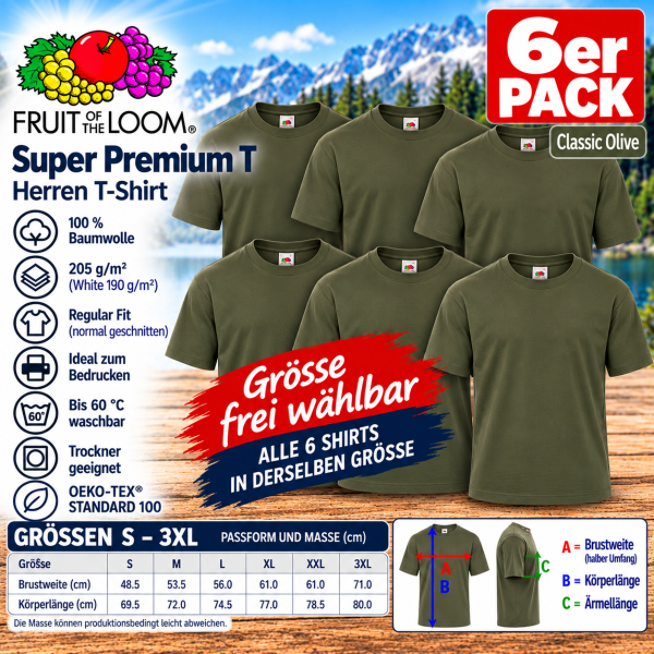 Sechs olivgrüne Baumwoll-T-Shirts mit 205 g/m²